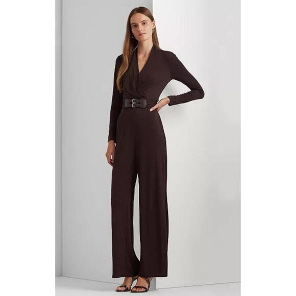 Lauren Ralph Lauren Pants - Lauren Ralph Lauren Black Label L Belted Stretch Jersey Wide Leg Jumpsuit Brown